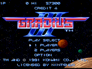 Gradius III title screen for Super Nintendo